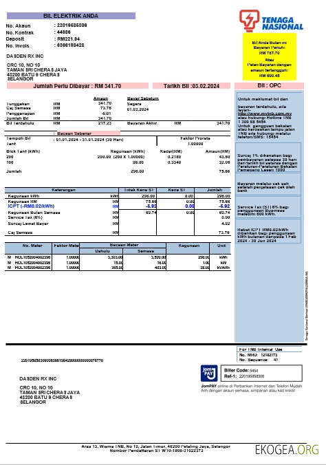 INDE TENAGA NASIONAL facture de services publics modèle Word et PDF